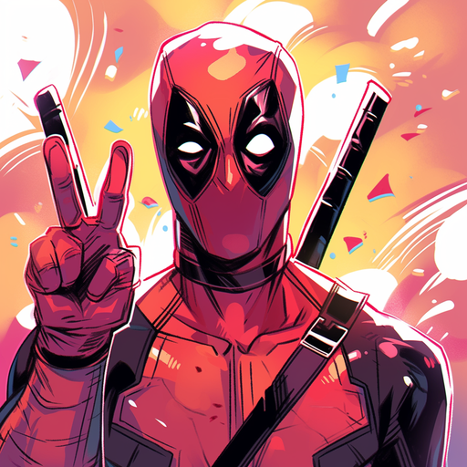Deadpool in action with his iconic red and black suit, holding twin swords.