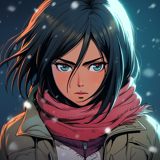 Mikasa in 80's style with a cold color palette