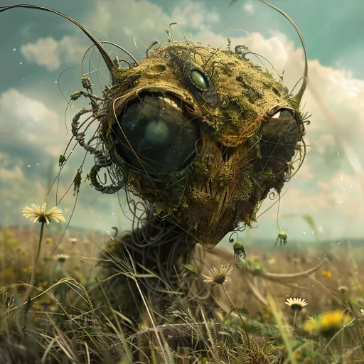 Intriguing alien avatar showcasing a detailed extraterrestrial head with large eyes amidst a field under a cloudy sky, perfect for a unique profile picture.