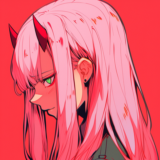 Zero Two sitting in a purple and pink light, looking off into the distance.