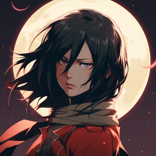 Mikasa Ackerman with epic hair against a moonlit background.