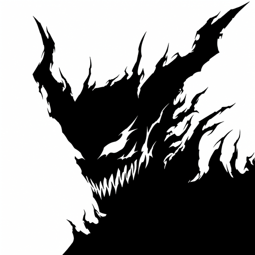 Black and white silhouette of a devilish man.