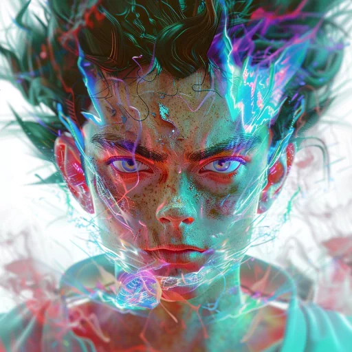 Digital artwork of a stylized avatar with intense blue eyes and dynamic, colorful energy effects resembling a Gohan profile picture.
