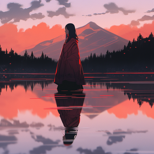 Surreal anime girl standing by reflective lake with aesthetic vibes.