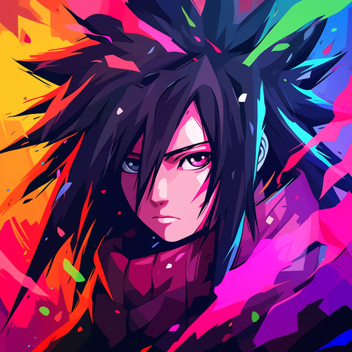 Madara Uchiha in vibrant anime-style colors, 80's aesthetic.