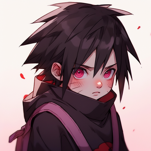 Young Sasuke Uchiha with red eyes, from Naruto Anime, looking cute and determined.