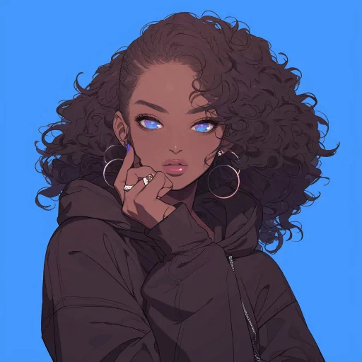 Illustration of a black female avatar with curly hair and blue eyes for social media profile picture.