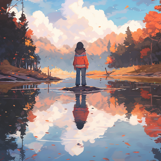 A girl standing by a surreal lake surrounded by reflections.