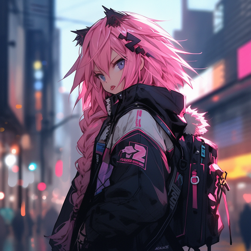 Astolfo, a character with pink hair, wearing futuristic cyberpunk-style attire.