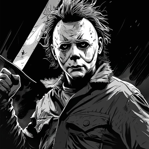 Charcoal-style portrait of Michael Myers, featuring a black and white cartoon design.