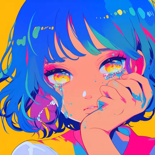 Colorful sad anime girl avatar with teary eyes for profile photo.