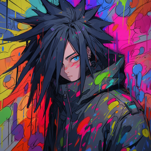 Colorful graffiti artwork featuring a medium shot of Madara Uchiha.