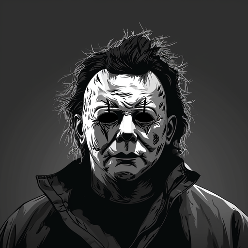 Cartoon-style portrait of Michael Myers in black and white.