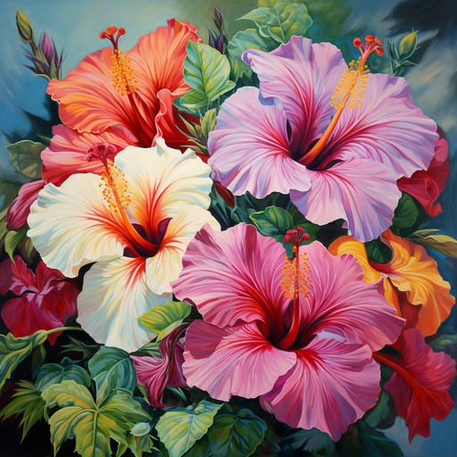 Colorful oil painting of hibiscus flowers.
