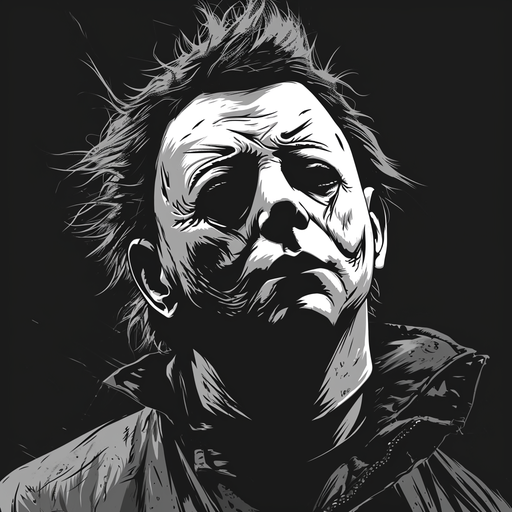 Cartoon depiction of Michael Myers in black and white.