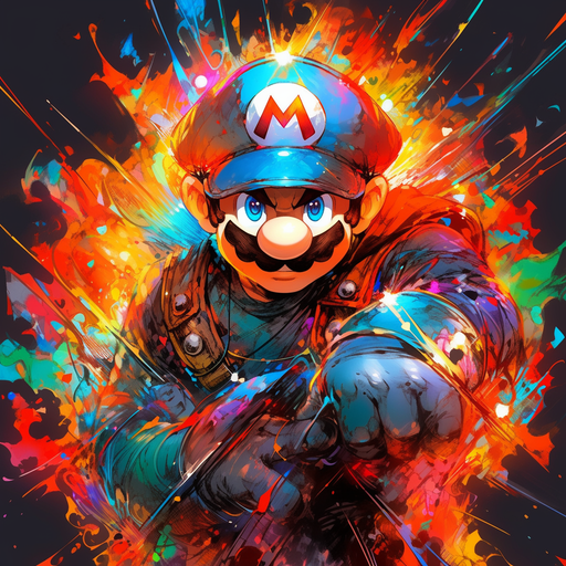 Metal Mario profile picture with a vivid rainbow background.