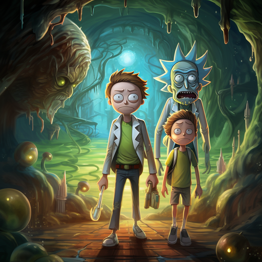 Colorful digital artwork of Rick and Morty animated characters in a vibrant and dynamic style.
