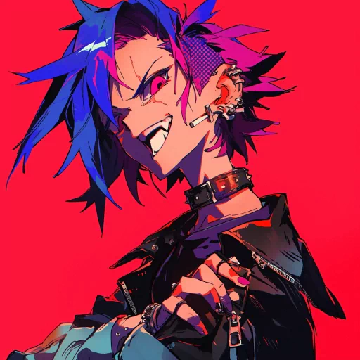 Stylized punk avatar with vibrant blue hair and edgy fashion for a profile picture.