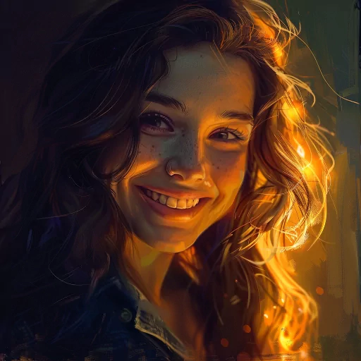 Smiling woman avatar with warm backlight for profile photo.