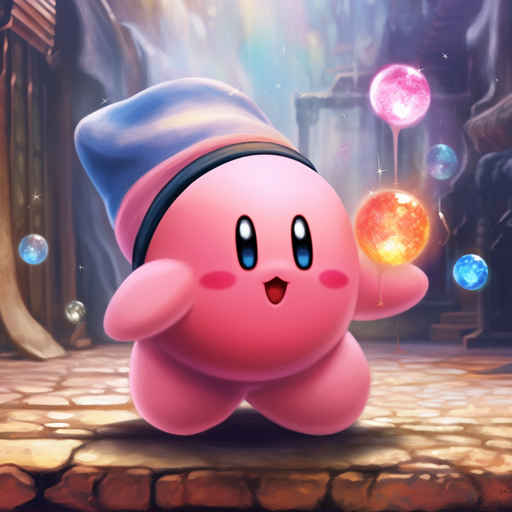Cheerful pink character with big eyes, round body, and small limbs.