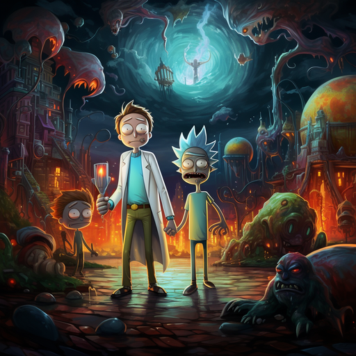 A colorful cartoon duo, Rick and Morty, in an adventurous pose.