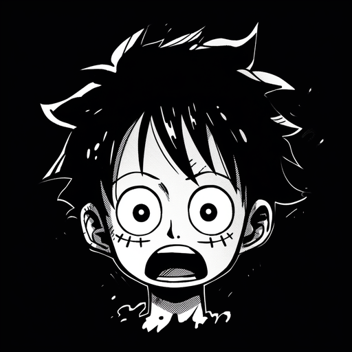 Chibi-style illustration of Luffy from a black and white manga, with a funny expression.