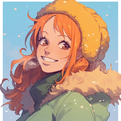 Winter-themed Nami avatar with warm hat and scarf, orange hair, and a cheerful expression.