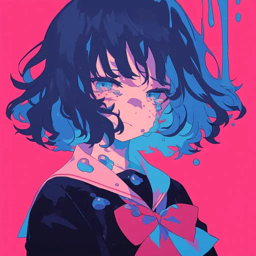 Anime style avatar of a character with a sad expression, featuring short dark hair and teary eyes, set against a vibrant pink background.