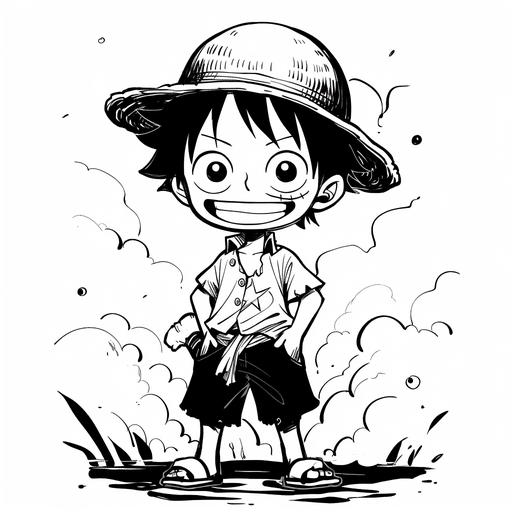 Funny chibi-style portrait of Luffy in black and white.