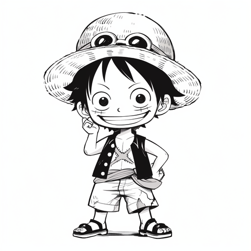 Chibi style depiction of Luffy from a manga, in black and white.