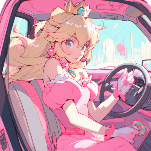 Princess Peach driving a car