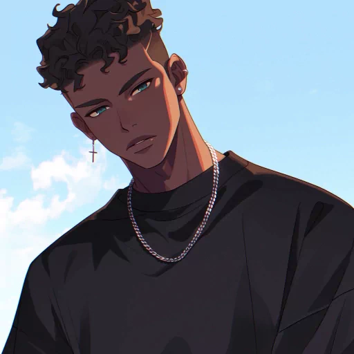 Illustration of a stylish black boy with curly hair, wearing a black t-shirt and silver chain, for use as an avatar or profile photo.