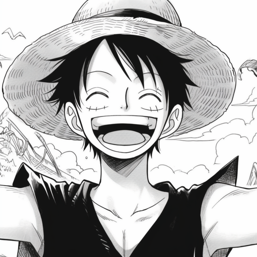 Smiling black and white manga character.