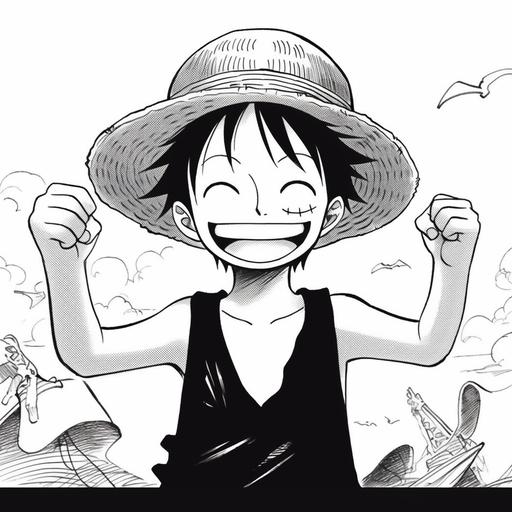 Smiling black and white portrait of Luffy from manga.