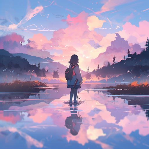 Serene anime artwork of a girl by a lake, surrounded by surreal reflections, in an aesthetic style.