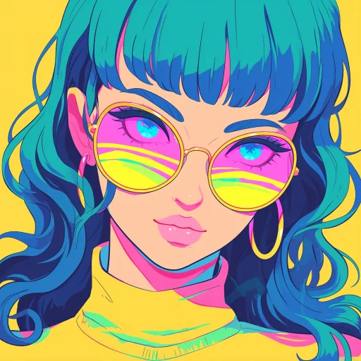 Stylized cartoon avatar of a person with vibrant blue hair, pink glasses, and a yellow outfit, against a yellow background, perfect for a cool profile picture.