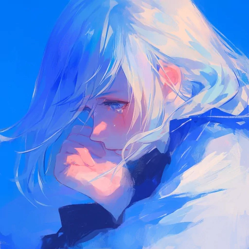 Sad anime character profile picture with a melancholic expression and blue color tones.