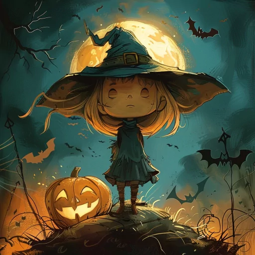 Halloween-themed avatar featuring a cute character in a witch costume with a large hat, standing beside a carved pumpkin, with a full moon and bats in the background.