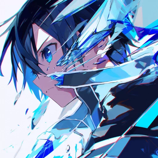 Artistic profile picture of an animated character with black hair and blue eyes, wielding a sword in dynamic blue shards style, suitable for an avatar or personal profile photo.