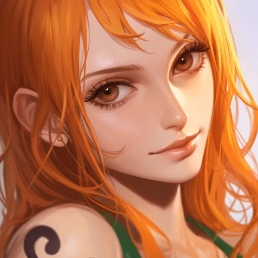 Alt Text: Close-up avatar illustration of a character with orange hair, subtle smile, and a distinctive tattoo, ideal as a profile picture.