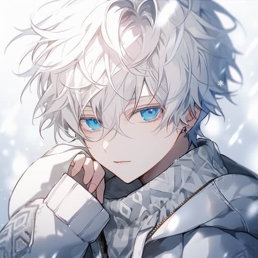 Elegant anime boy with white hair, dressed in stylish attire.