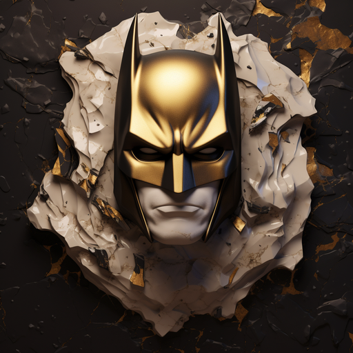 Golden silhouette of Batman against a marbled background.