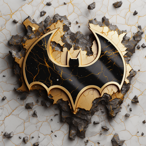 Golden Batman symbol on a marble background.
