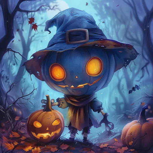 Halloween-themed avatar with a pumpkin head character wearing a witch hat in a spooky forest.