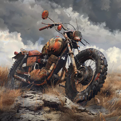 Rustic motorcycle in a wild, grassy terrain under a dramatic, cloudy sky backdrop.