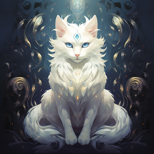 White cat with glowing blue eyes.
