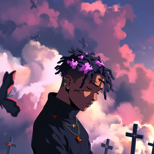 Dramatic cathedral mural-style artwork of xxxtentacion.