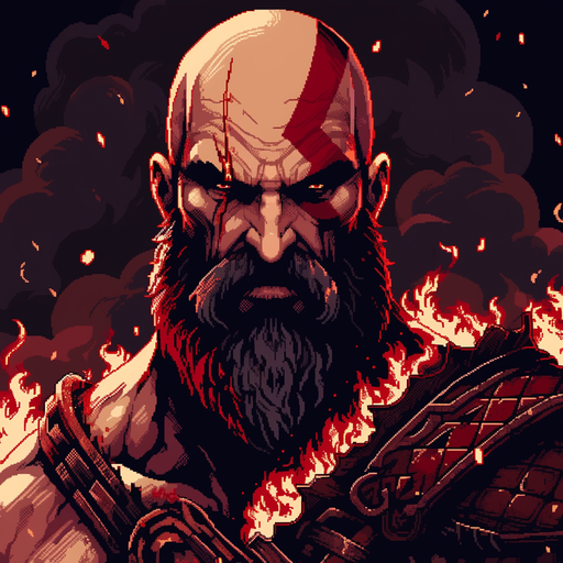Kratos, the pixelated God of War in 8-bit art style.