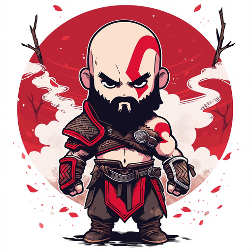 Kratos, the God of War, in chibi anime style with clean lines.