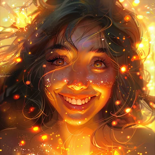 Radiant smiling avatar with warm, twinkling lights for a profile photo.